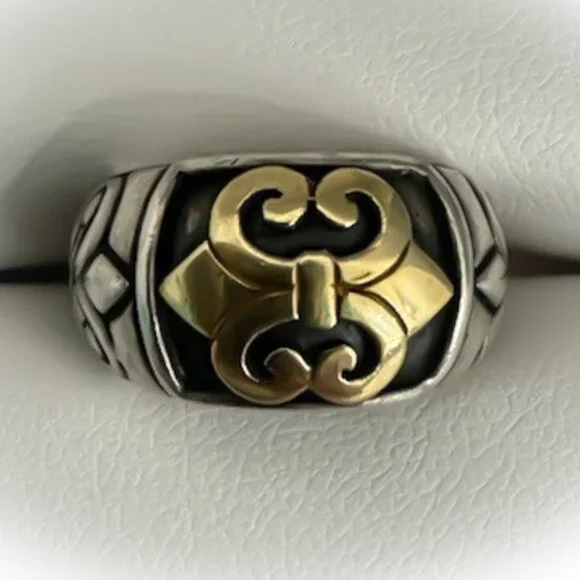 VINTAGE JOHN HARDY MIXED MEDIA FLEUR DE LIS DOME DOMED RING 18 kt 925 SILVER